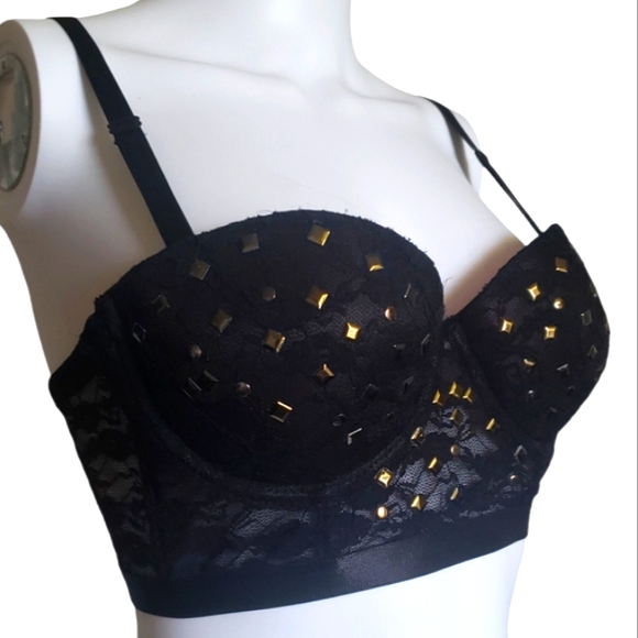 Bikini Swim Top Push Up Black Lace Gold Tone Metal Studded Women's Size 36B. - Picture 2 of 14